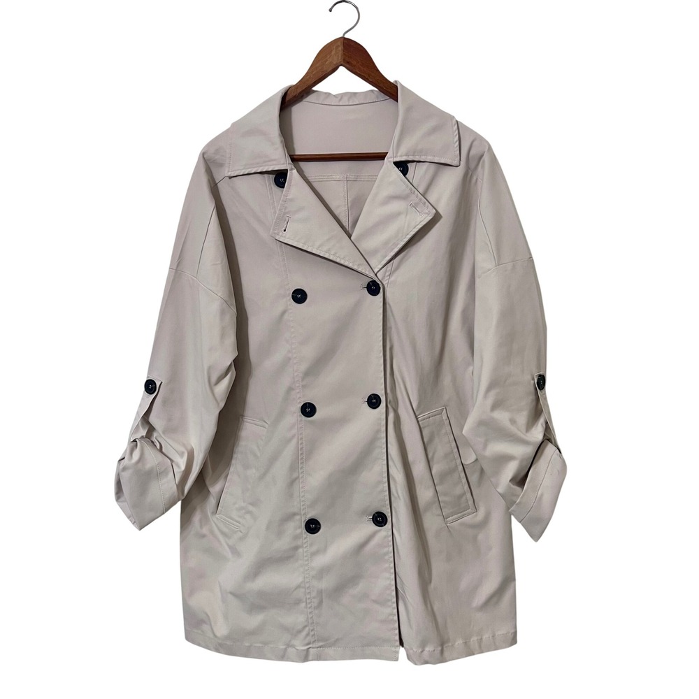 Womens Beige Double Breasted Roll Tab Sleeve Trench Coat Size XL